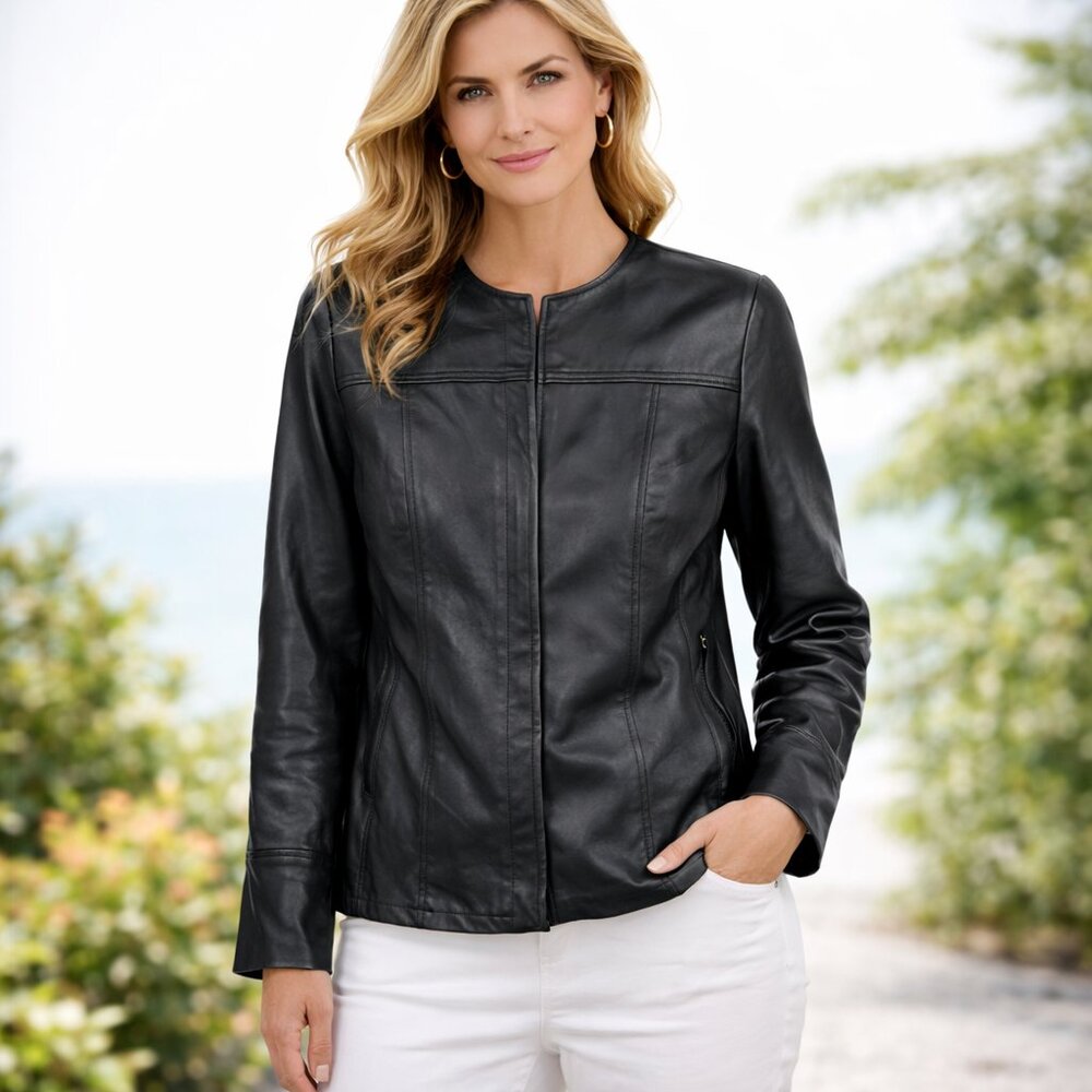 i.e. Genuine Leather Jacket Womens‎ M Black Collarless Moto Minimalist Classic